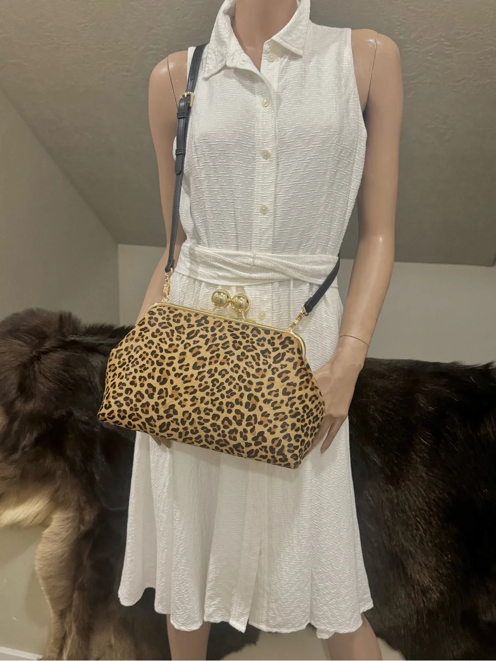 Leopard Print Hair-on Cowhide Handmade Custom Kisslock Frame Bag, & 2 Straps